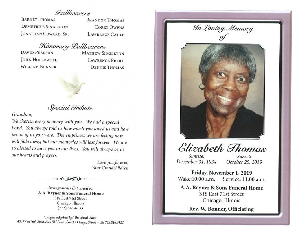 Elizabeth Thomas Obituary AA Rayner and Sons Funeral Home