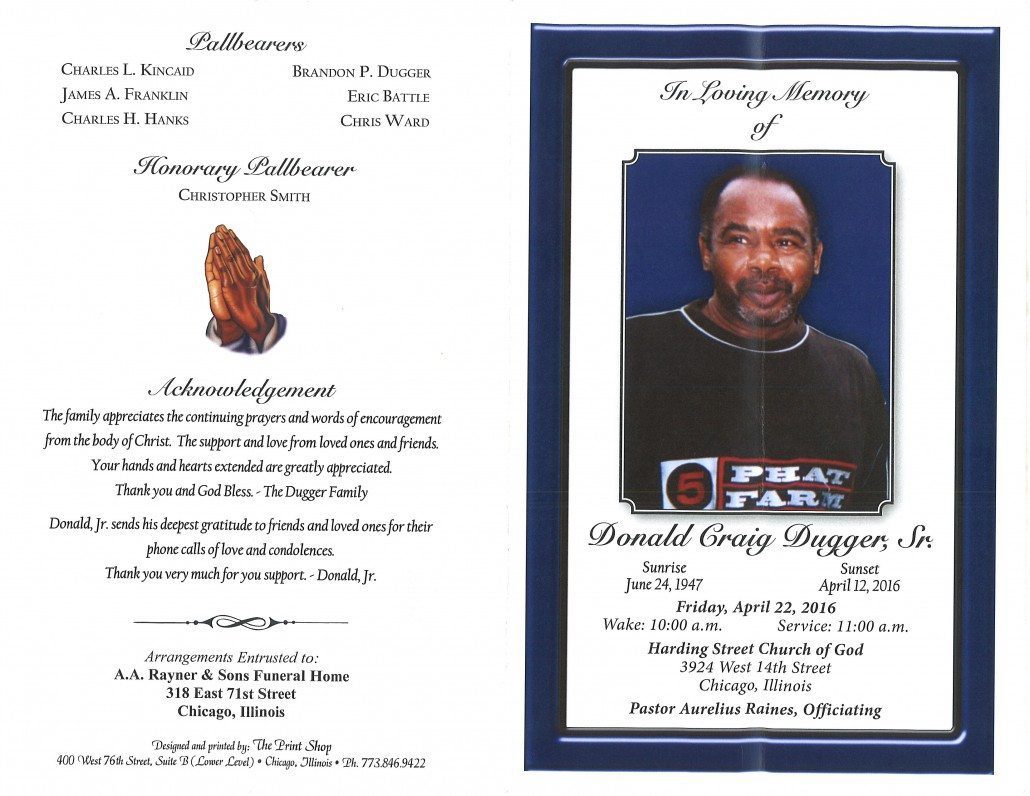 Donald Craig Dugger Obituary from Funeral Service at AA Rayner and Sons Funeral Home in Chicago