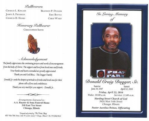 Donald Craig Dugger Obituary from Funeral Service at AA Rayner and Sons Funeral Home in Chicago