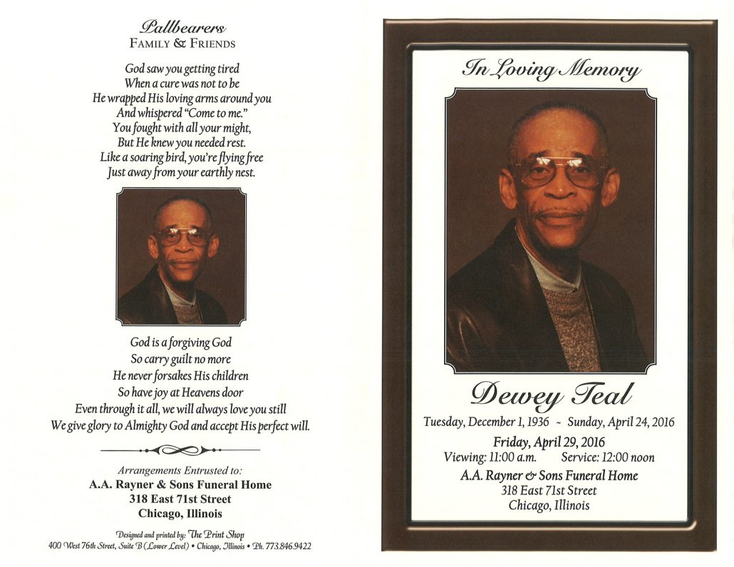 Obituary of Dewey Teal funeral service at aa rayner and sons