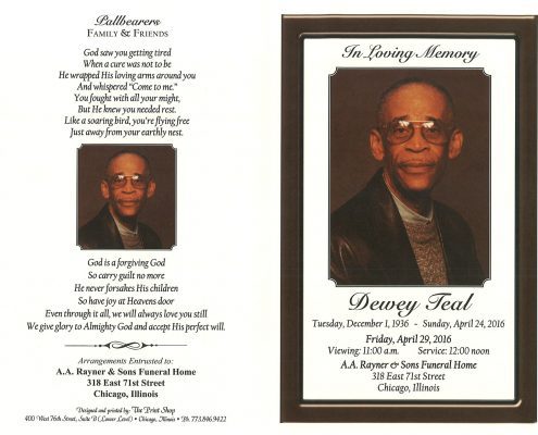 Obituary of Dewey Teal funeral service at aa rayner and sons