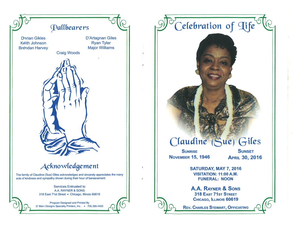 Claudine Sue Giles obituary from funeral service at aa rayner and sons funeral home in chicago illinois