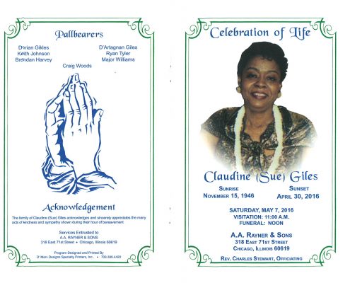 Claudine Sue Giles obituary from funeral service at aa rayner and sons funeral home in chicago illinois