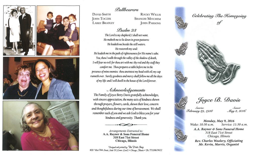 Joyce B Davis obituary from funeral service at aa rayner and sons funeral home in chicago illinois