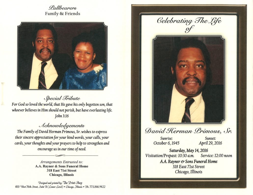 David Herman Primous Sr obituary from funeral service at aa rayner and sons funeral home in chicago illinois