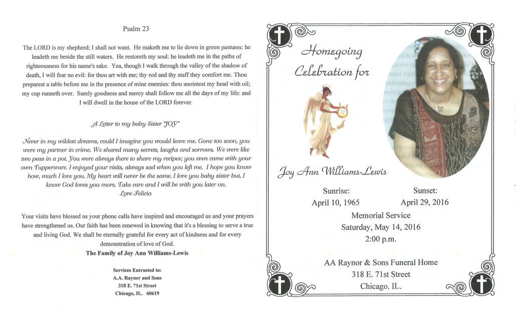 Joy Ann Williams Lewis obituary obituary from funeral service at aa rayner and sons funeral home in chicago illinois