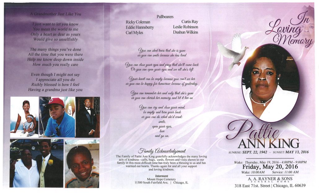 Pattie Ann King obituary from funeral service at aa rayner and sons funeral home in chicago illinois