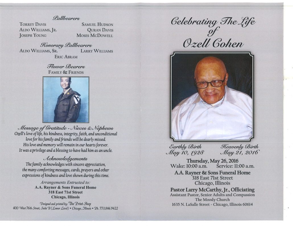 Ozell Cohen Obituary from funeral service at aa rayner and sons funeral home in chicago illinois