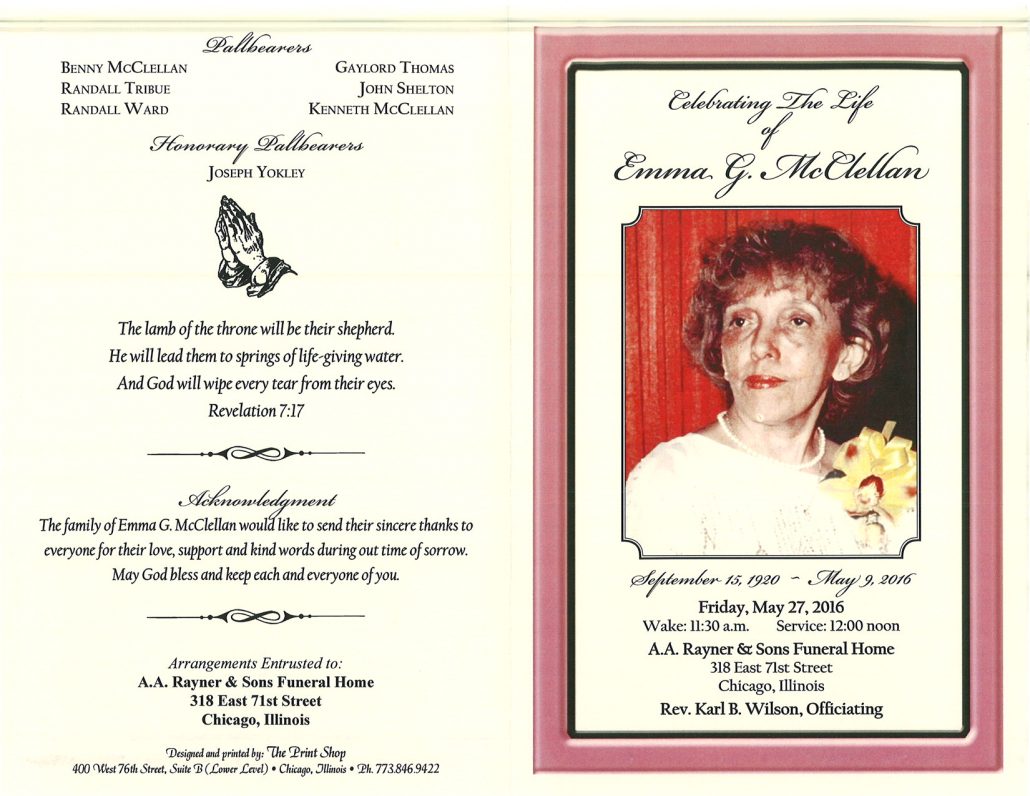 Emma G McClellan Obituary from funeral service at aa rayner and sons funeral home in chicago illinois