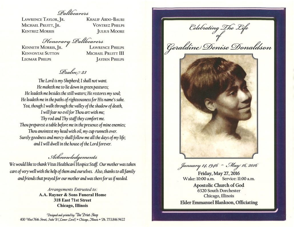 Geraldine Denise Donaldson Obituary from funeral service at aa rayner and sons funeral home in chicago illinois