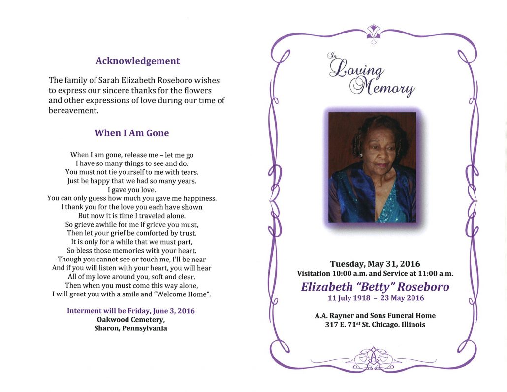 Elizabeth Betty Roseboro Obituary from funeral service at aa rayner and sons funeral home in chicago illinois