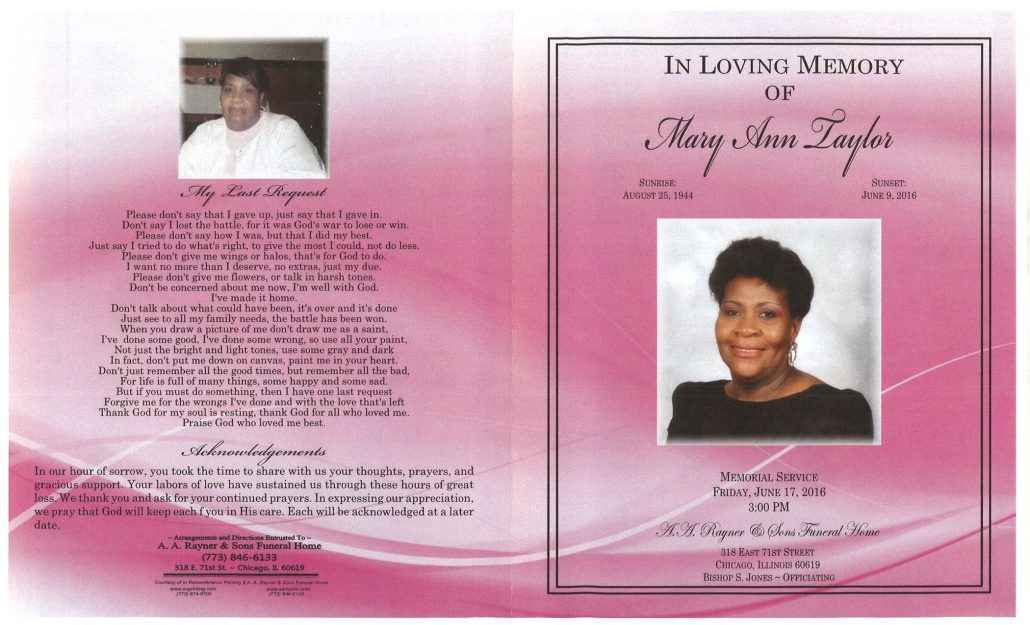 Mary Ann Taylor OBituary from funeral service at aa rayner and sons funeral home in chicago illinois
