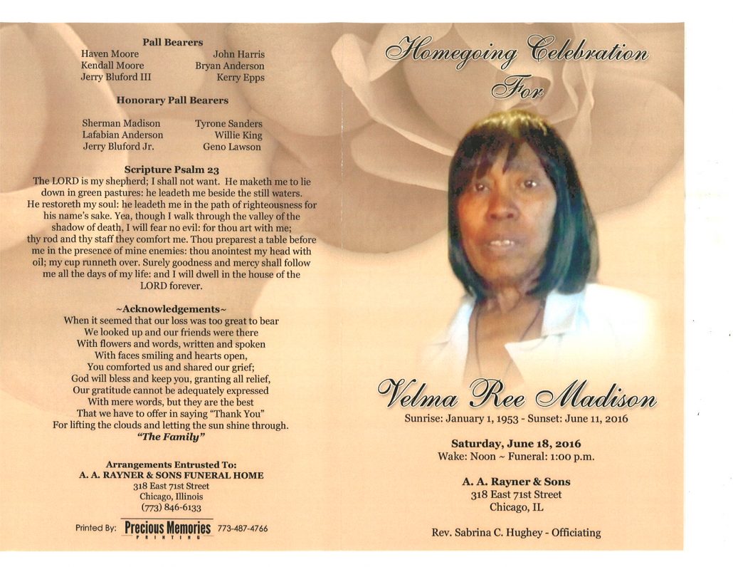 Velma Ree Madison Obituary from funeral service at aa rayner and sons funeral home in chicago illinois