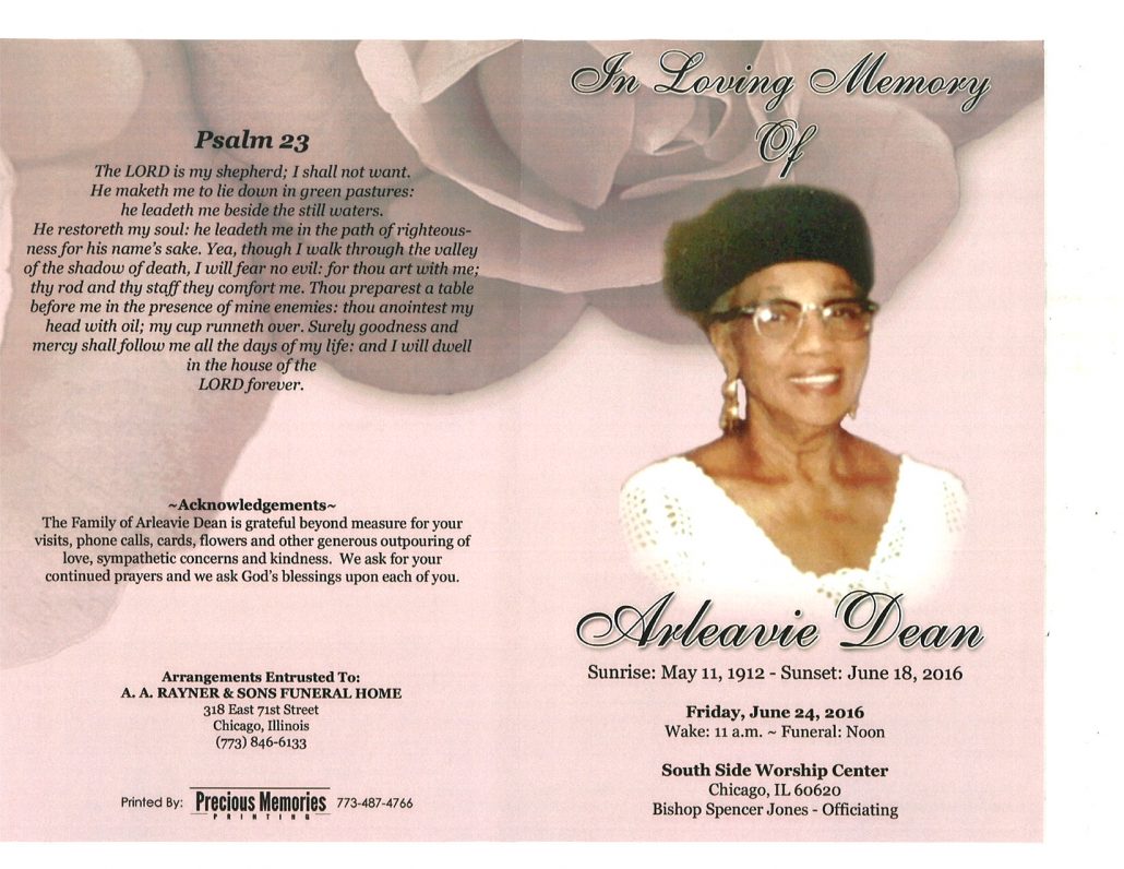 Arleavie Dean Obituary from funeral service at aa rayner and sons funeral home in chicago illinois