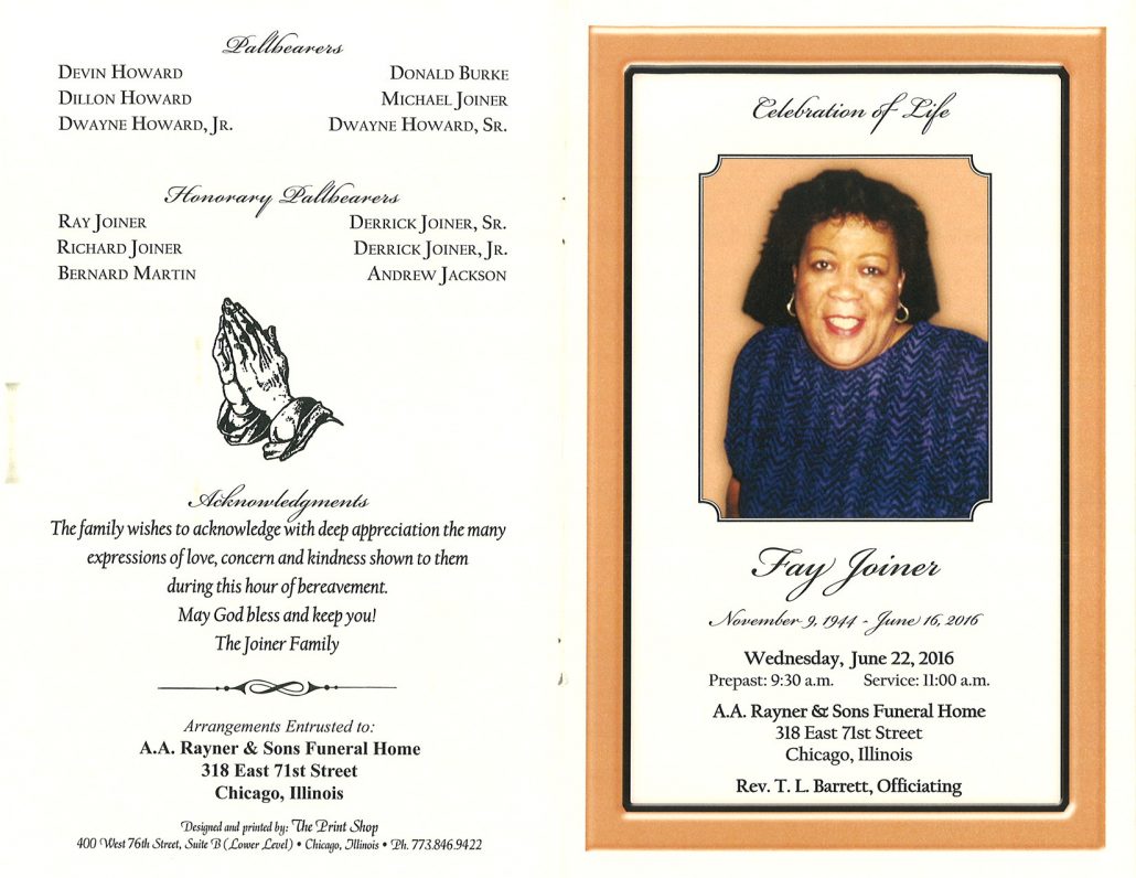 Fay Joiner Obituary from funeral service at aa rayner and sons funeral home in chicago illinois