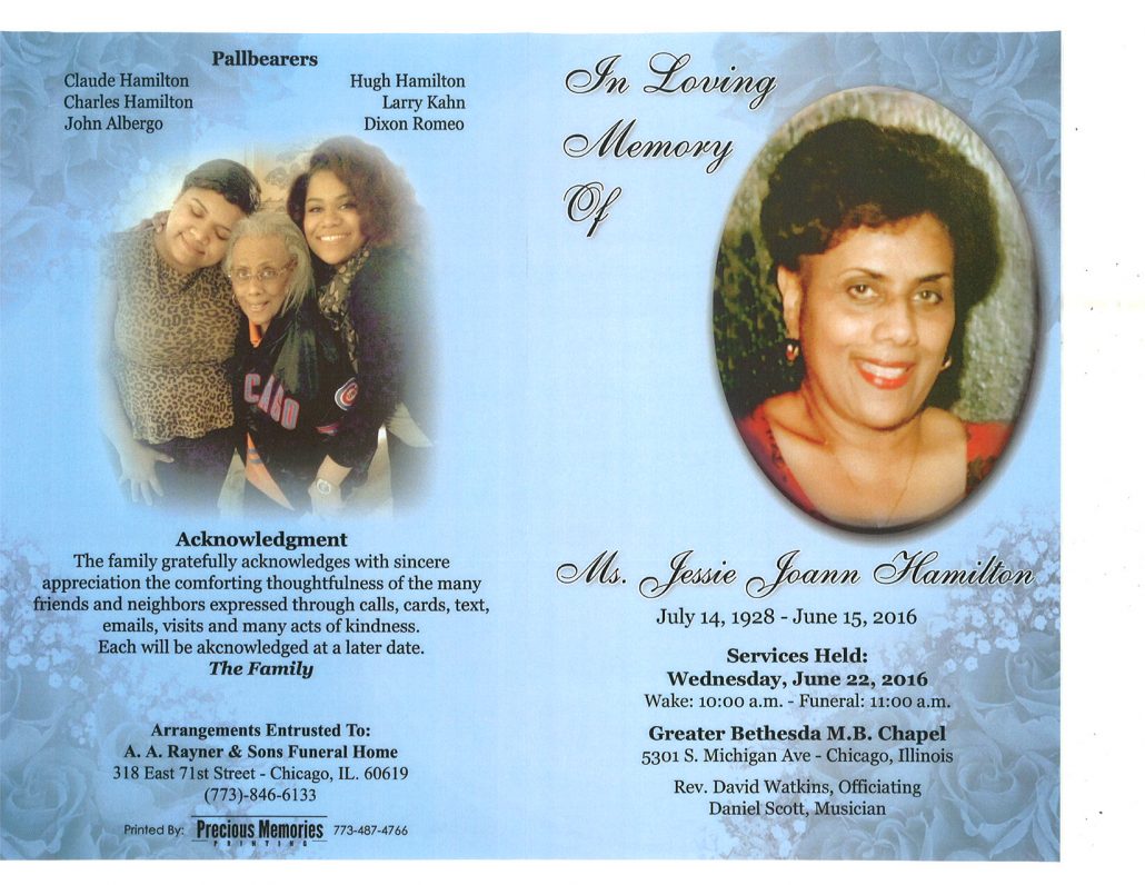 Jessie Joann Hamilton Obituary from funeral service at aa rayner and sons funeral home in chicago