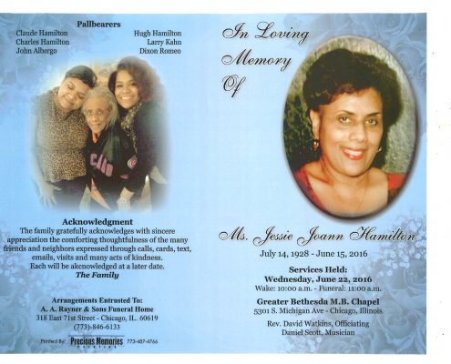 Jessie Joann Hamilton Obituary from funeral service at aa rayner and sons funeral home in chicago