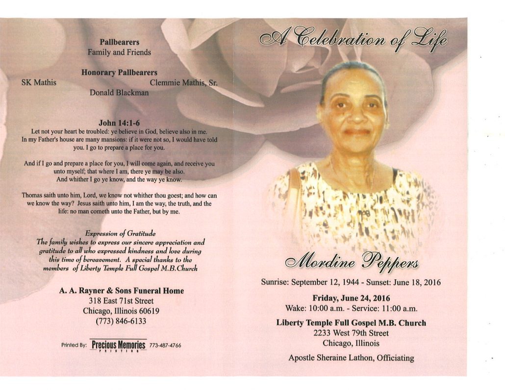 Mordine Peppers Obituary from funeral service at aa rayner and sons funeral home in chicago illinois