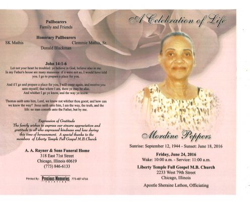 Mordine Peppers Obituary from funeral service at aa rayner and sons funeral home in chicago illinois