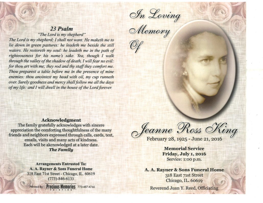 Jeanne Ross King Obituary from funeral service at aa rayner and sons funeral home in chicago illinois