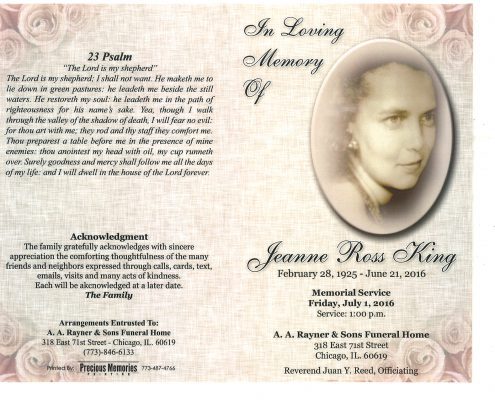 Jeanne Ross King Obituary from funeral service at aa rayner and sons funeral home in chicago illinois