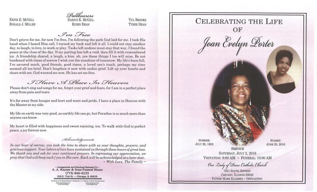 Joan Evelyn Porter Obituary from funeral service at aa rayner and sons funeral home in chicago illinois