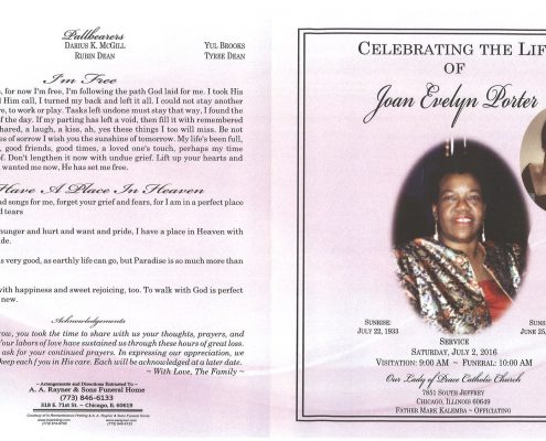 Joan Evelyn Porter Obituary from funeral service at aa rayner and sons funeral home in chicago illinois