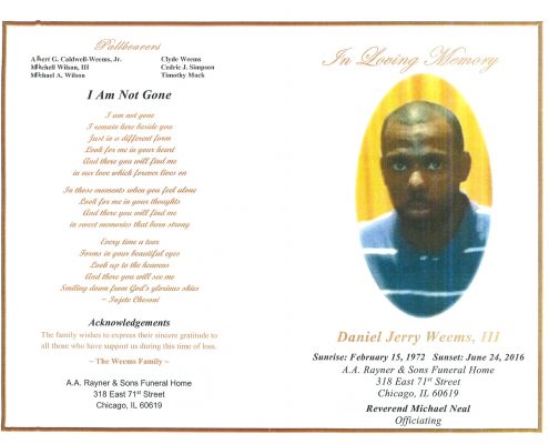 Daniel Jerry Weems III Obituary from funeral service at aa rayner and sons funeral home in chicago illinois