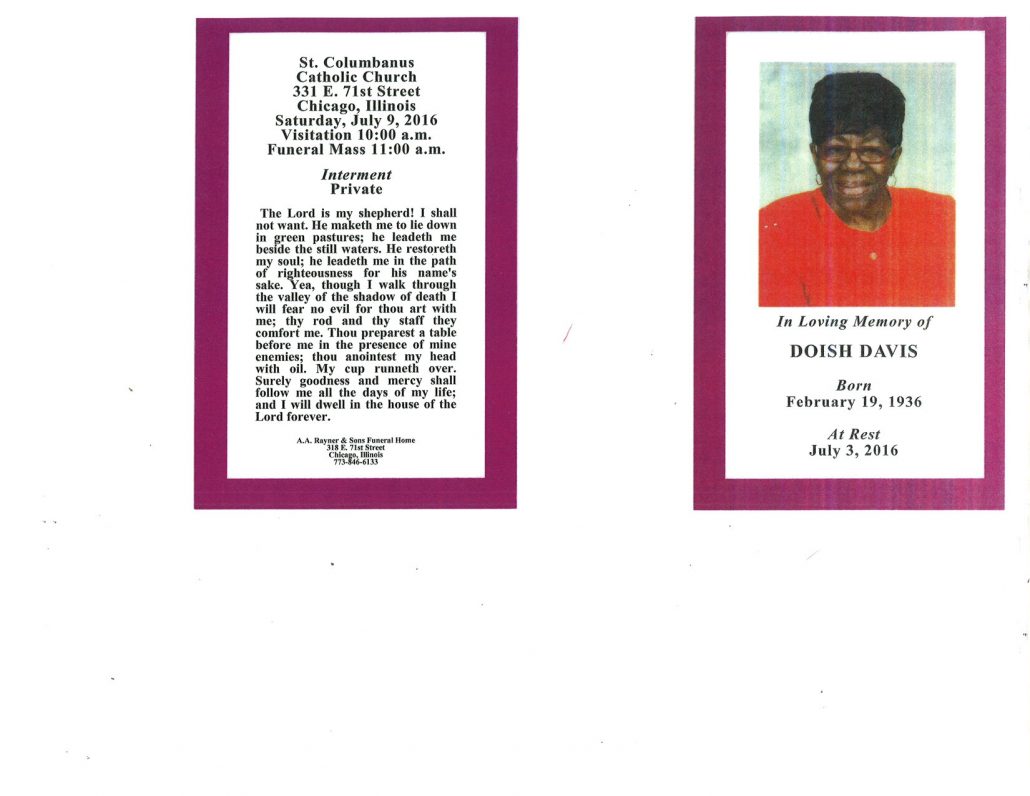 Doish Davis obituary from funeral service at aa rayner and sons funeral home in chicago illinois