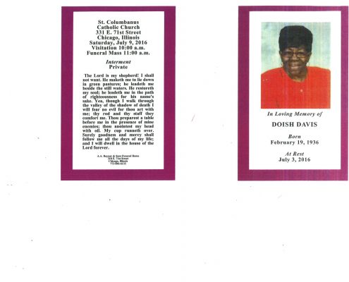 Doish Davis obituary from funeral service at aa rayner and sons funeral home in chicago illinois