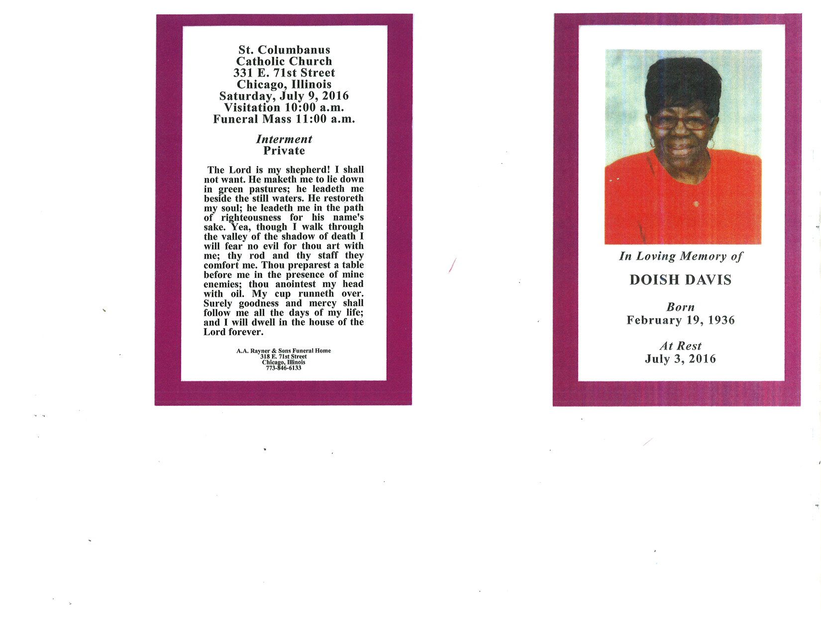 Doish Davis Obituary AA Rayner and Sons Funeral Home