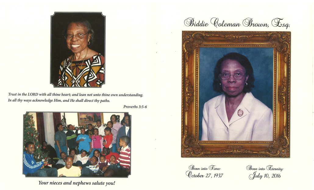 Biddie Coleman Brown Esq Obituary from funeral service at aa rayner and sons funeral home in chicago illinois