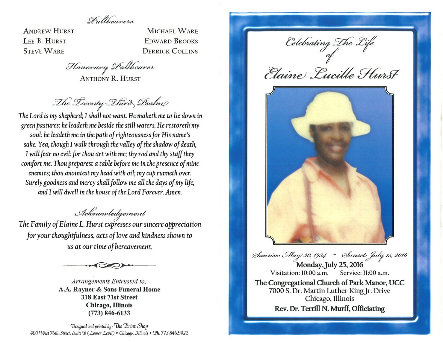 Elaine Lucille Hurst Obituary | AA Rayner and Sons Funeral Homes