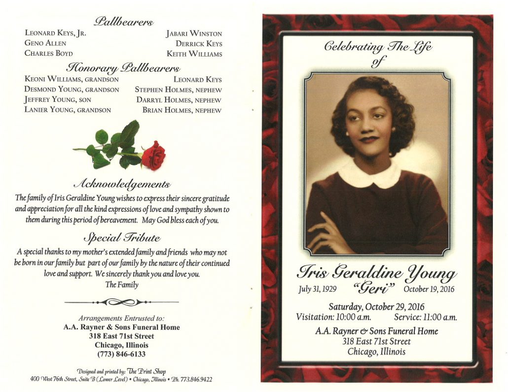 Iris Geraldine Young Obituary AA Rayner and sons funeral Home Chicago Illinois