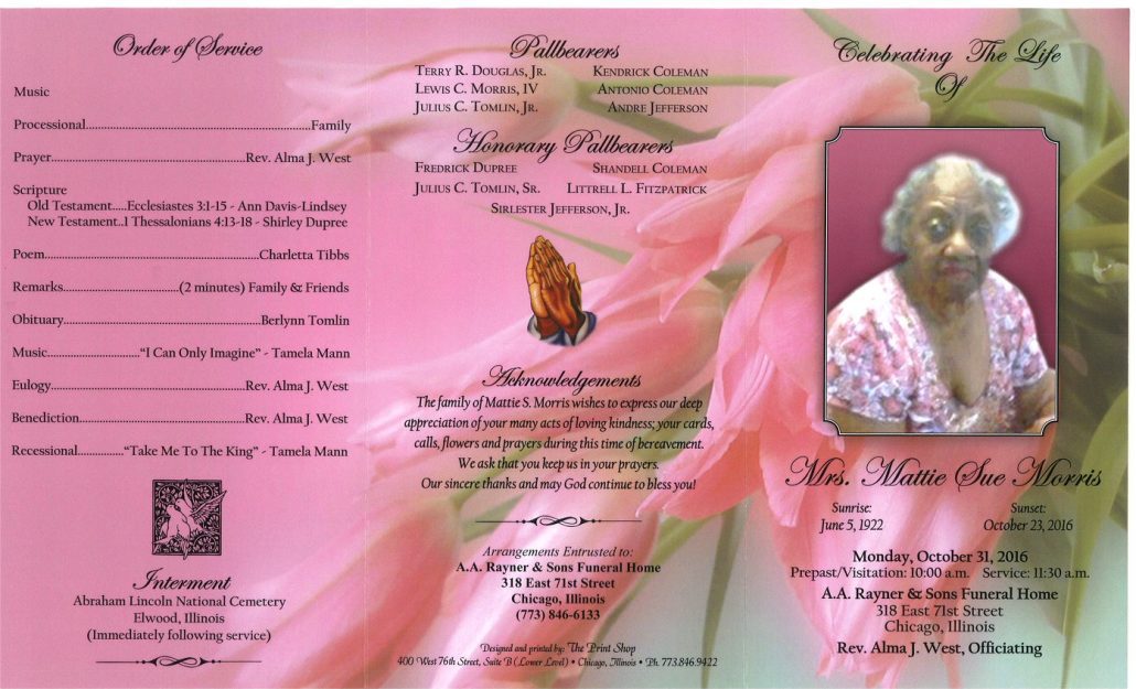Mrs Mattie Sue Morris Obituary Funeral Services At AA Rayner and Sons Funeral Home in Chicago Illinois