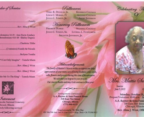 Mrs Mattie Sue Morris Obituary Funeral Services At AA Rayner and Sons Funeral Home in Chicago Illinois