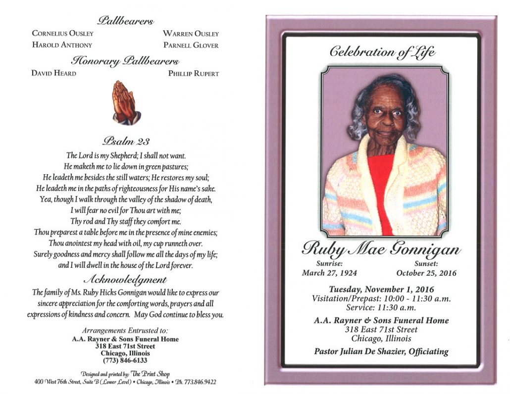 Ruby Mae Gonnigan Obituary from Funeral Services at AA Rayner and Sons Funeral Home In Chicago Illinois