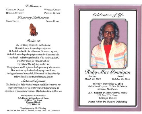 Ruby Mae Gonnigan Obituary from Funeral Services at AA Rayner and Sons Funeral Home In Chicago Illinois