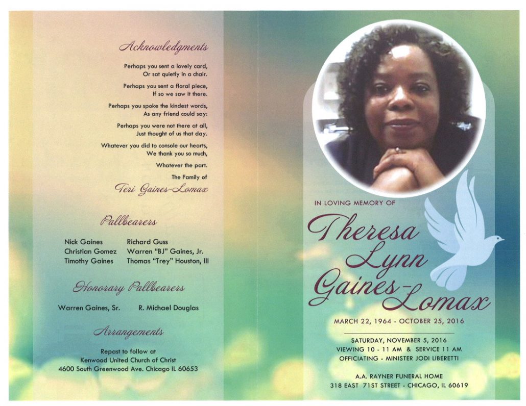 Thersa Lynn Gaines Lomax Obituary From Funeral Services at AA Rayner and Sons funeral Home in Chicago Illinois From Funeral Services at AA Rayner and Sons funeral Home in Chicago Illinois