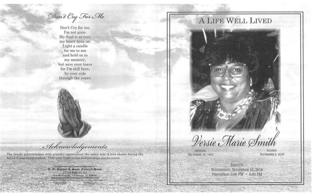 Versie Marie Smith Obituary From Funeral Services at AA Rayner and Sons in Chicago Illinois
