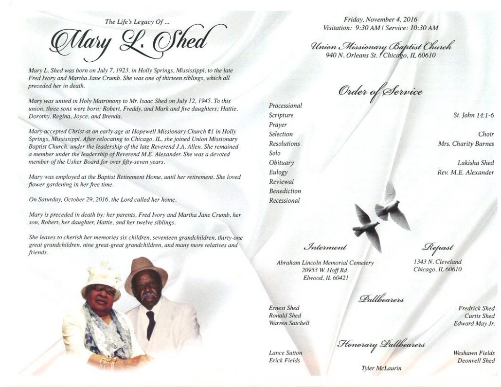 Mary L Shed Obituary From Funeral Services at AA Rayner and Sons funeral Home in Chicago Illinois
