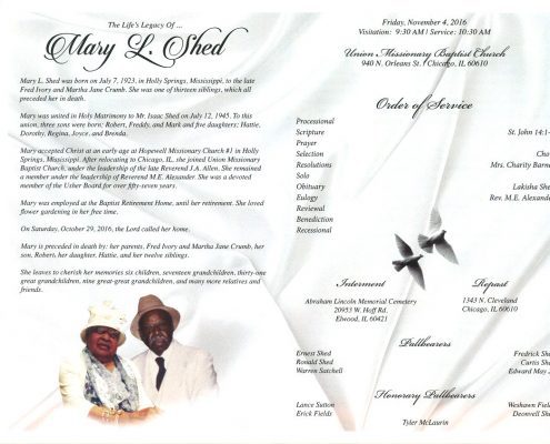 Mary L Shed Obituary From Funeral Services at AA Rayner and Sons funeral Home in Chicago Illinois