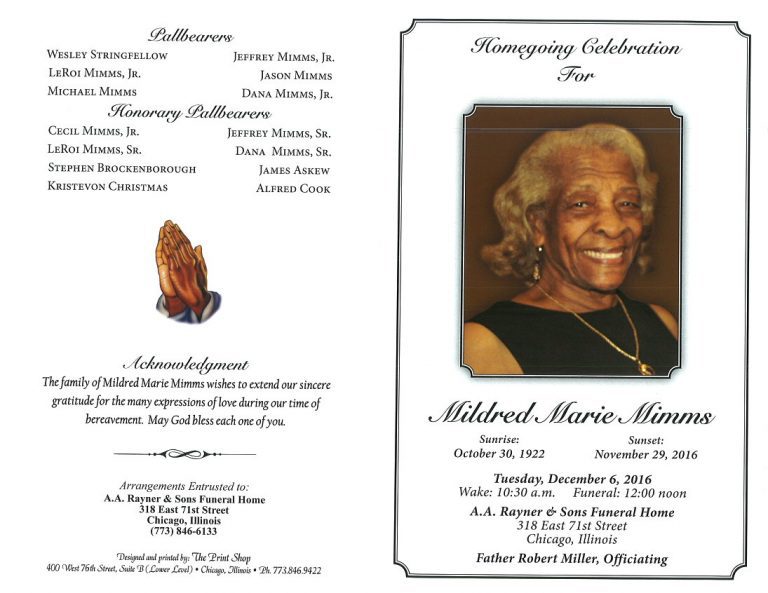 Mildred Marie Mimms Obituary | AA Rayner and Sons Funeral Homes