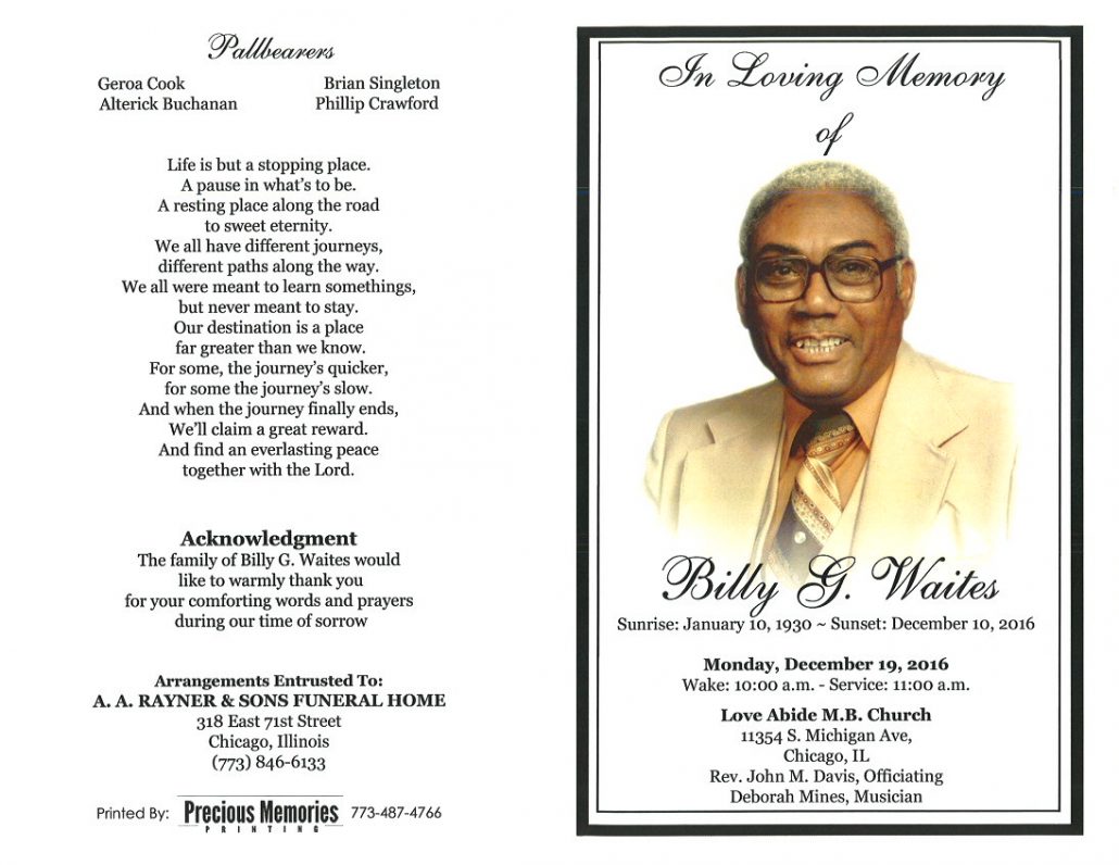 Billy G Waites Obituary AA Rayner and Sons Funeral Homes