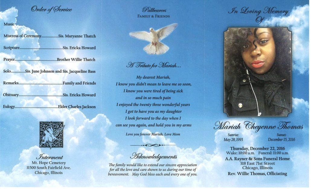 Mariah Cheyenne Thomas Obituary Funeral services at aa rayner and sons funeral home in chicago illinois