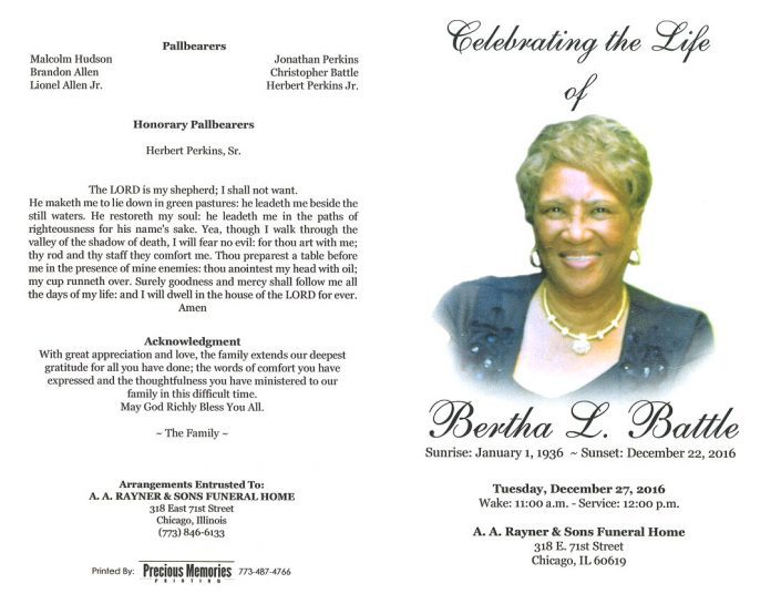 Bertha L Battle Obituary AA Rayner and Sons Funeral Homes