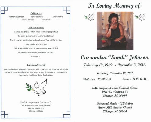 Funeral Services For Cassandra Sandi Johnson at AA Rayner and Sons Funeral Home in Chicago Illinois