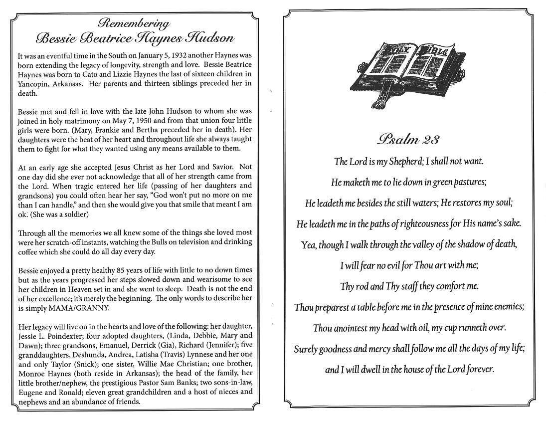 Bessie Beatrice Haynes Hudson Obituary AA Rayner and Sons