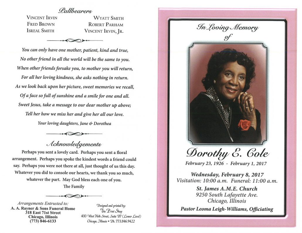 Dorothy E Cole Obituary | AA Rayner and Sons Funeral Homes