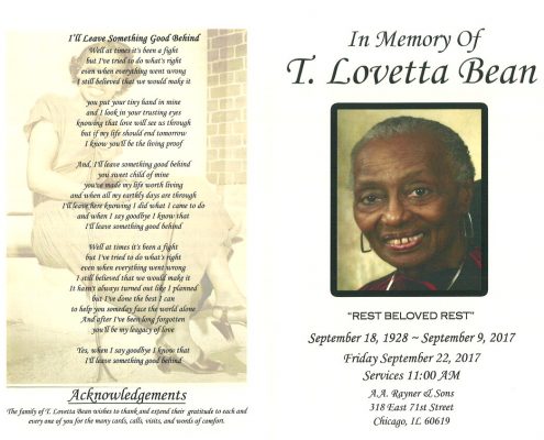 T Lovetta Bean Obituary